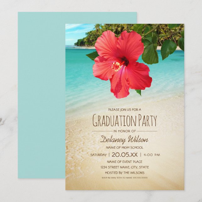 Tropical Hibiscus Hawaiian Beach Graduation Party Invitation (Front/Back)