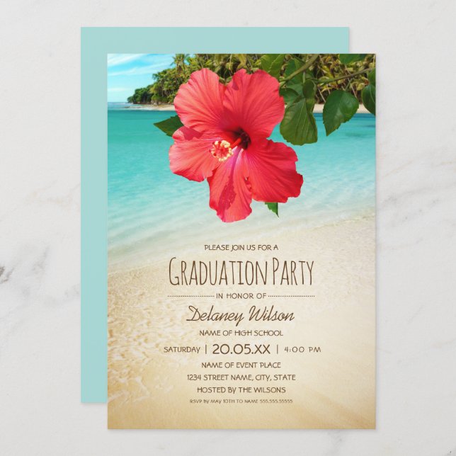 Tropical Hibiscus Hawaiian Beach Graduation Party Invitation (Front/Back)