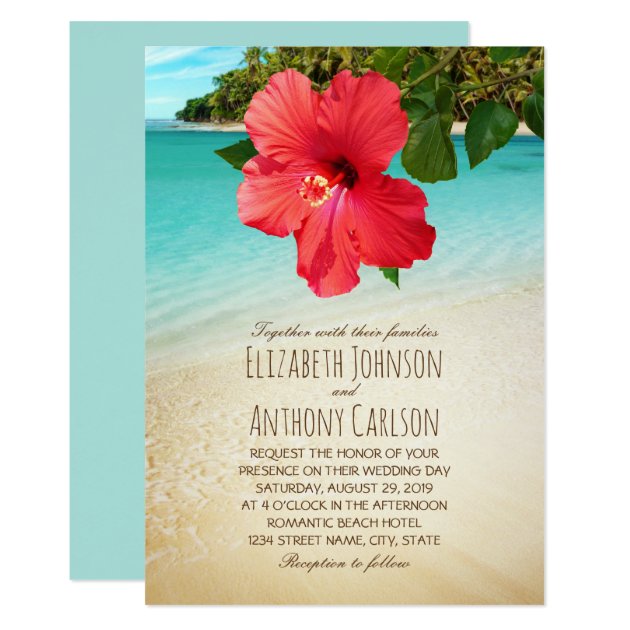 Tropical Hibiscus Hawaiian Beach Themed Wedding Invitation