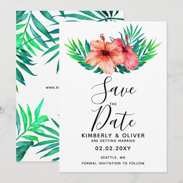 Tropical Hibiscus Hawaiian Beach Wedding Invitation (Front/Back)
