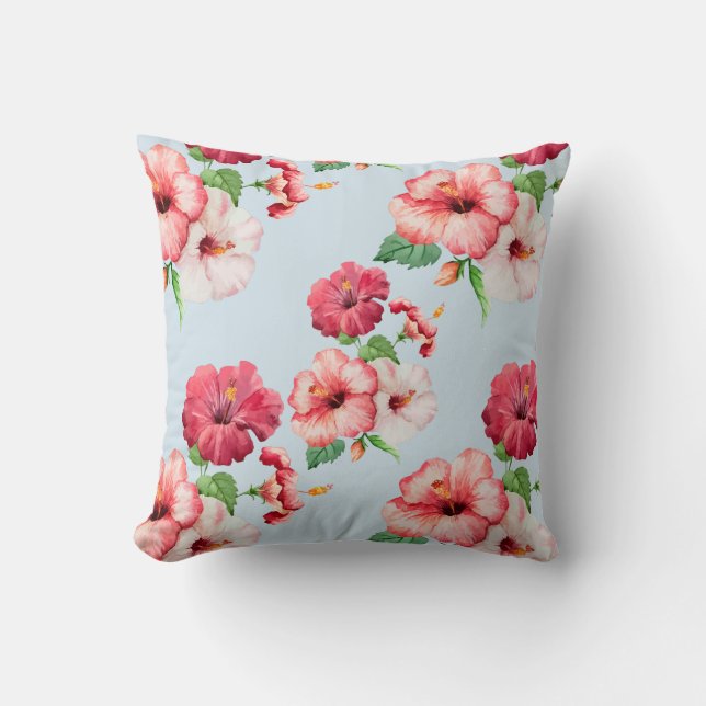 Tropical Hibiscus Hawaiian Floral botanical Throw Pillow (Front)