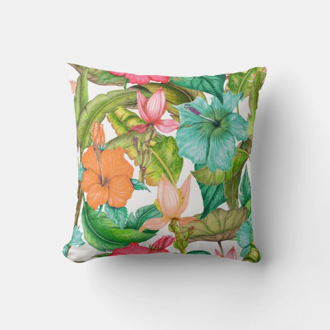 Tropical Hibiscus Hawaiian Floral  Throw Pillow (Front)