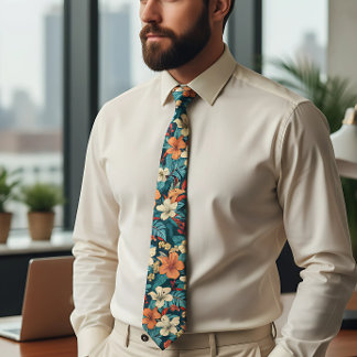 Tropical hibiscus Hawaiian Plumeria flowers Neck Tie