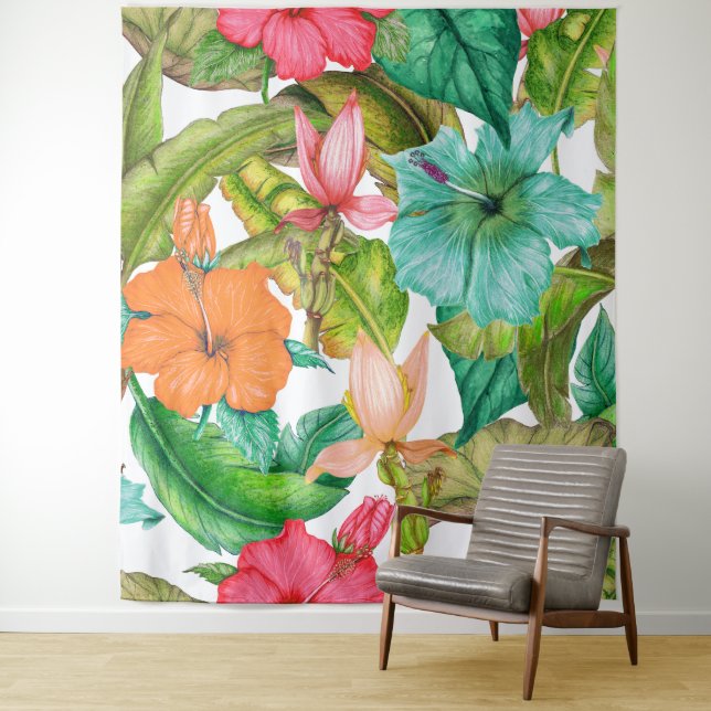 Tropical Hibiscus Hawaiian Watercolor Floral Tapes Tapestry (In Situ)