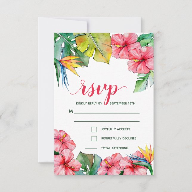 Tropical Hibiscus Hawaiian Wedding  RSVP Card (Front)