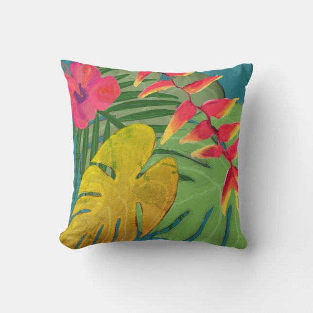 Tropical Hibiscus Heliconia & Leaves Throw Pillow (Front)