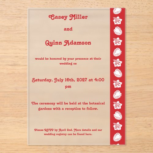Tropical Hibiscus in Cherry Acrylic Wedding Invitations