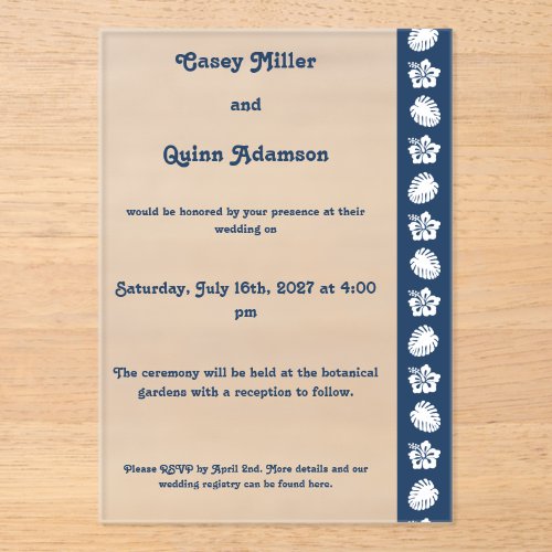 Tropical Hibiscus in Navy Acrylic Wedding Invitations
