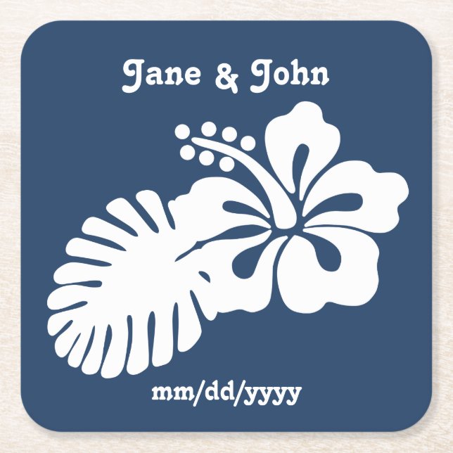 Tropical Hibiscus in Navy Paper Coaster (Front)