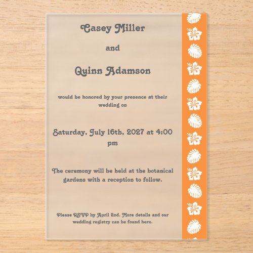 Tropical Hibiscus in Orange Acrylic Wedding  Invitations