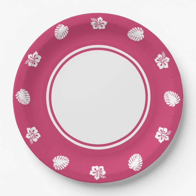 Tropical Hibiscus in Raspberry Paper Plate (Front)
