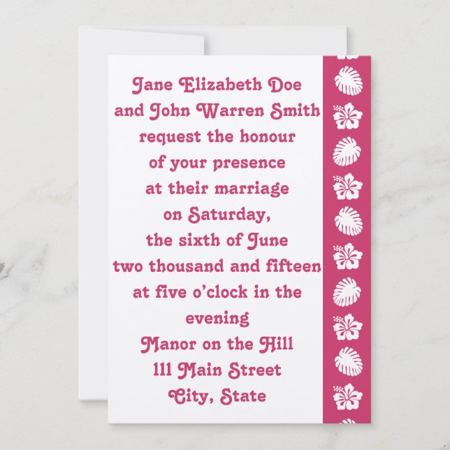 Tropical Hibiscus in Raspberry Wedding Invitation (Front)