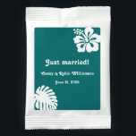 Tropical Hibiscus in Teal Drink Mix<br><div class="desc">Give your guests a tasty treat to take home at your summer-themed wedding or special event with these drink mix pouches, featuring a white hibiscus flower in the upper right and a tropical leaf in the lower left corners on a rich teal background. Customize the greeting, name, and date text...</div>