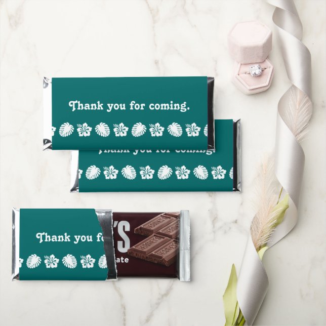 Tropical Hibiscus in Teal Hershey Bar Favors (Front)