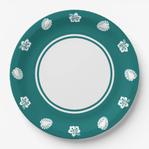 Tropical Hibiscus in Teal Paper Plate