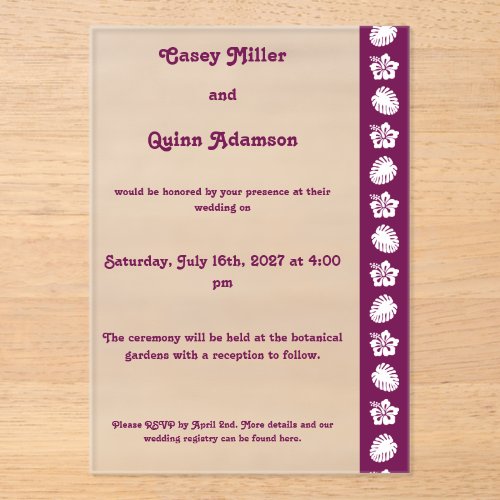 Tropical Hibiscus in Wine Acrylic Wedding Invitations