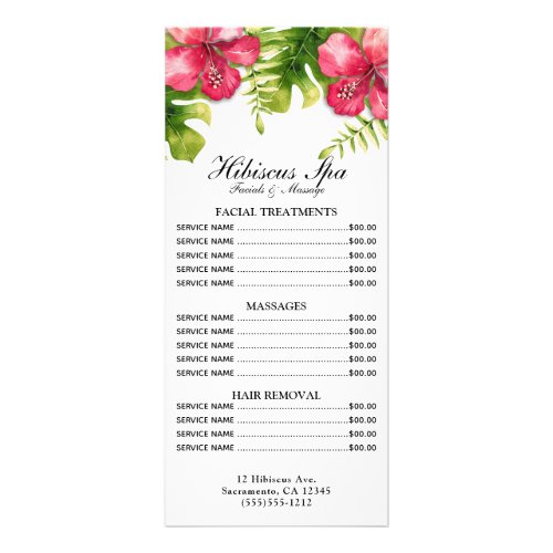Tropical Hibiscus Leaves Spa Salon Price List Rack Card