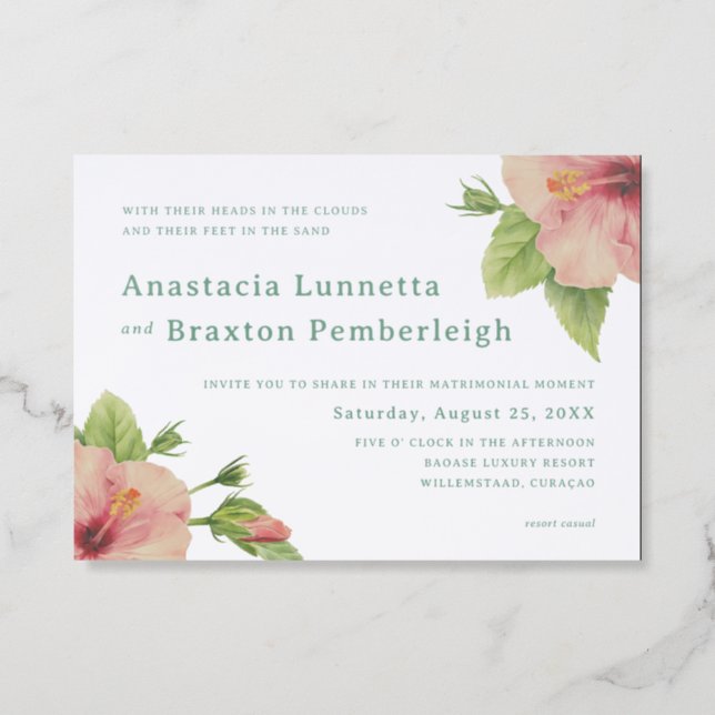Tropical Hibiscus Letterpress Wedding Invitation (Front)