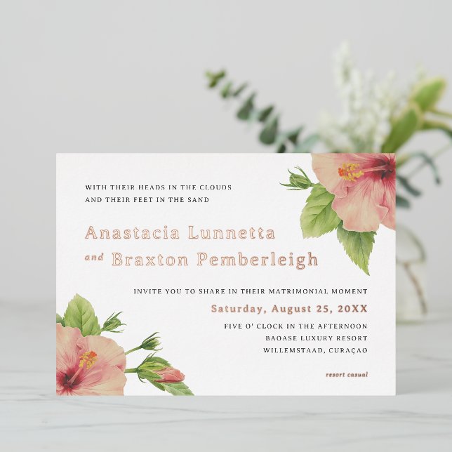 Tropical Hibiscus Letterpress Wedding Invitation Foil Invitation (Standing Front)
