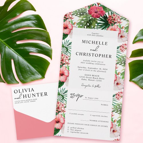 Tropical Hibiscus Modern Wedding All In One Invitation