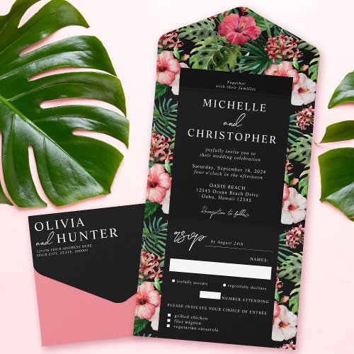 Tropical Hibiscus Modern Wedding Black All In One Invitation