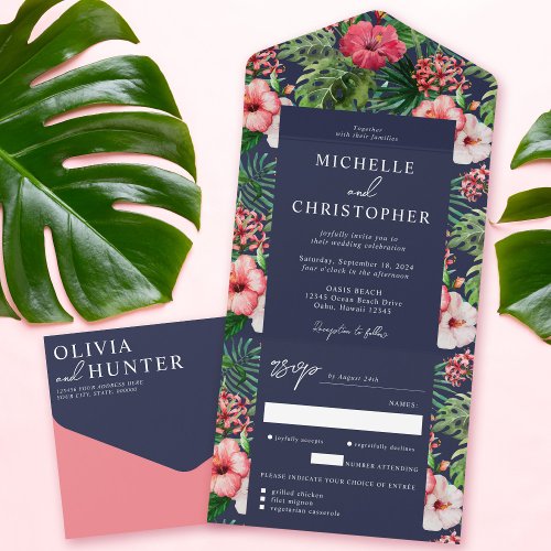Tropical Hibiscus Modern Wedding Navy Blue All In One Invitation