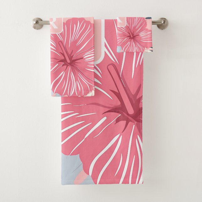Tropical Hibiscus Monogram personalized Bath Towel Set (Insitu)