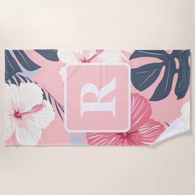 Tropical Hibiscus Monogram personalized Beach Towel (Front)