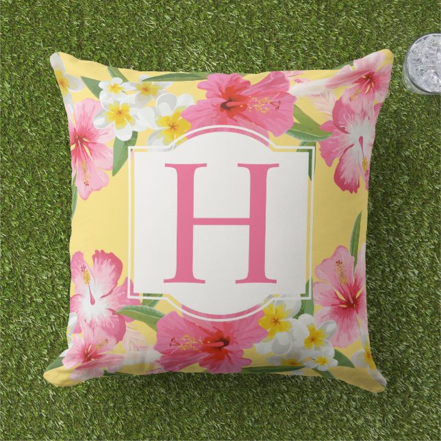 Tropical Hibiscus Monogram Yellow Floral Outdoor Pillow (Grass)