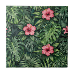 Tropical Hibiscus Monstera Jungle Pattern Ceramic Tile