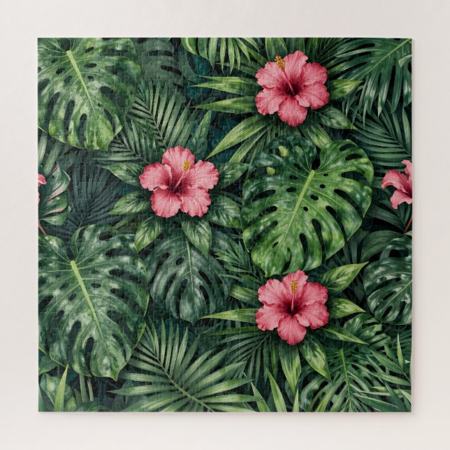 Tropical Hibiscus Monstera Jungle Pattern Jigsaw Puzzle (Vertical)