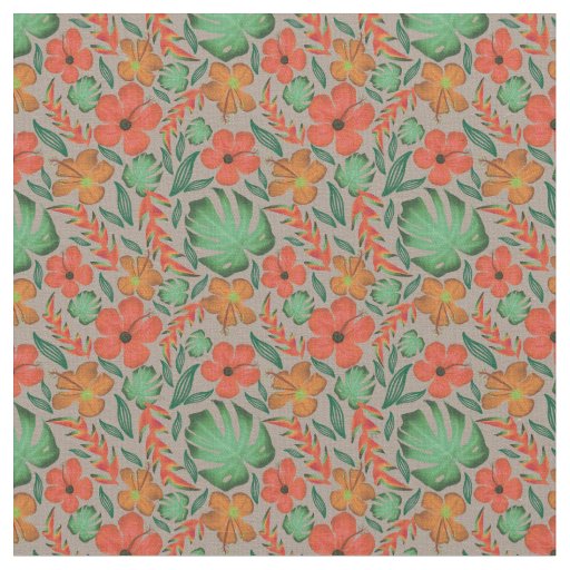 Tropical Hibiscus Monstera Leaf Gray Pattern  Fabric