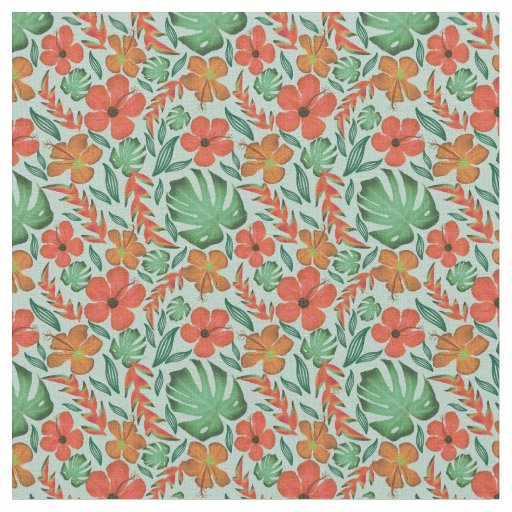 Tropical Hibiscus Monstera Leaf Mint Pattern  Fabric