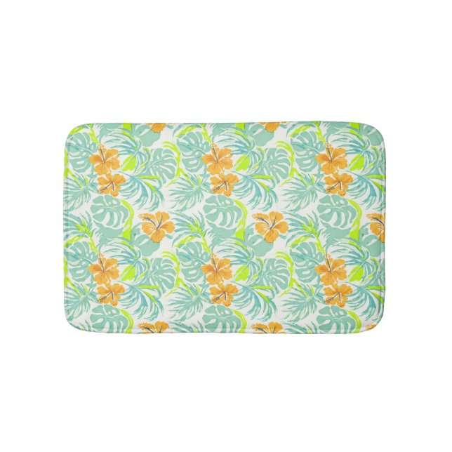 Tropical Hibiscus Monstera Leaf Pattern Home Decor Bath Mat (Front)
