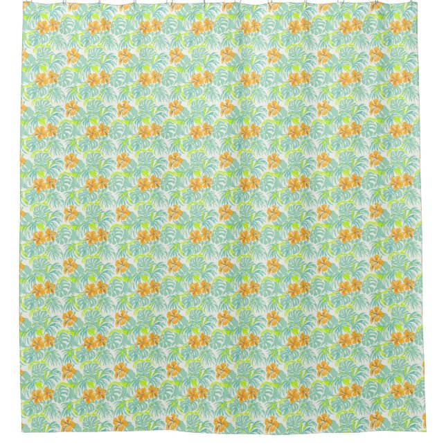 Tropical Hibiscus Monstera Leaf Pattern Home Decor Shower Curtain (Front)