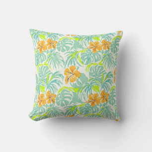 Tropical Hibiscus Monstera Leaf Pattern Home Decor Throw Pillow