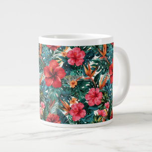 Tropical Hibiscus & Monstera Leaves Coffee Mug E
