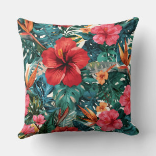Tropical Hibiscus & Monstera Leaves Throw Pillow