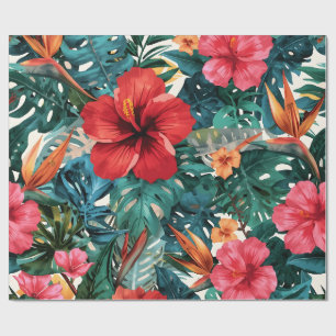 Tropical Hibiscus & Monstera Leaves Wrapping Paper