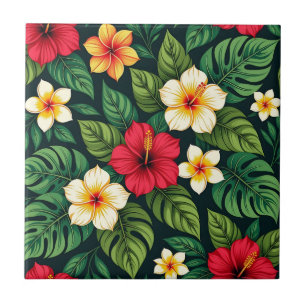 Tropical Hibiscus Monstera Pattern Ceramic Tile