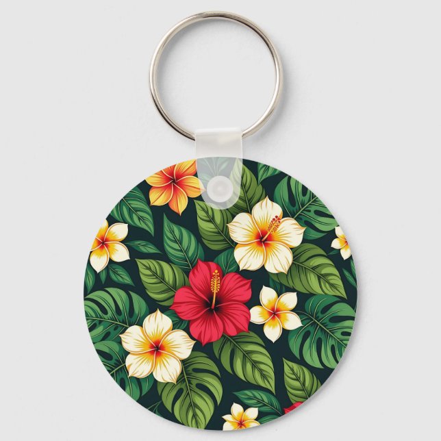 Tropical Hibiscus Monstera Pattern Keychain (Front)