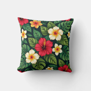 Tropical Hibiscus Monstera Pattern Throw Pillow