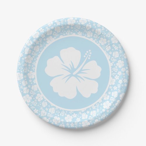 Tropical Hibiscus on Blue Paper Plate