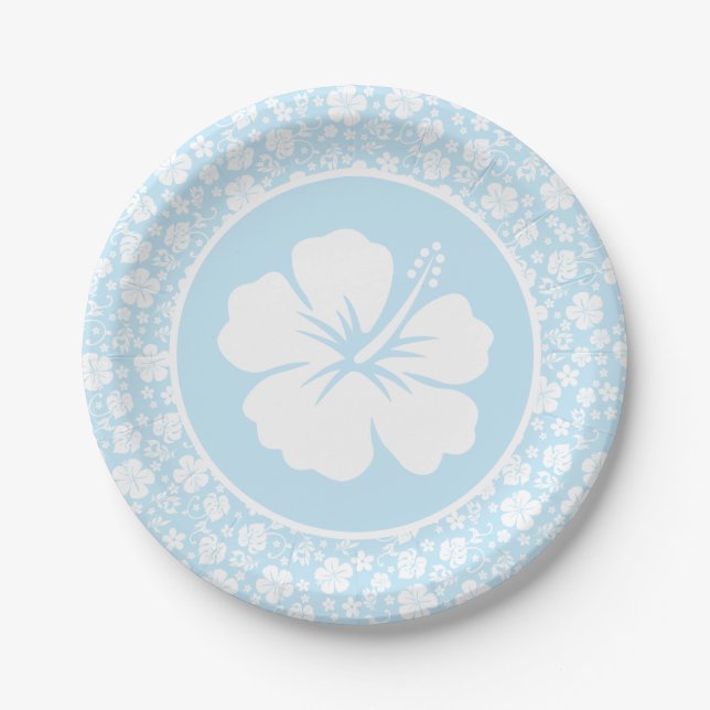 Tropical Hibiscus on Blue Paper Plate (Front)