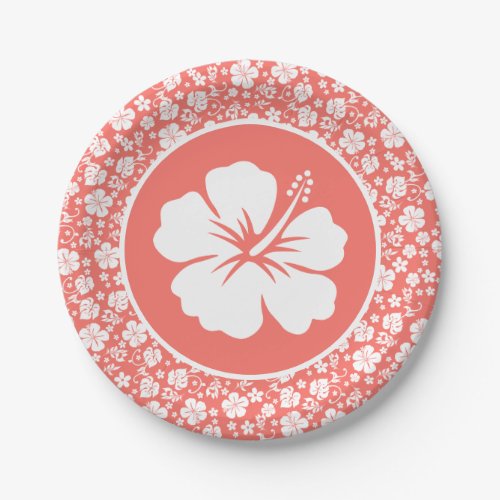 Tropical Hibiscus on Coral Paper Plate