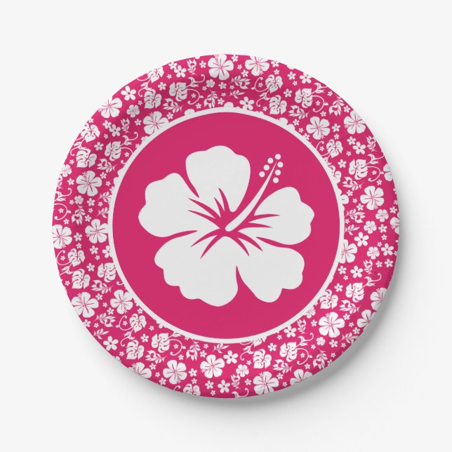 Tropical Hibiscus on Hot Pink Paper Plate (Front)