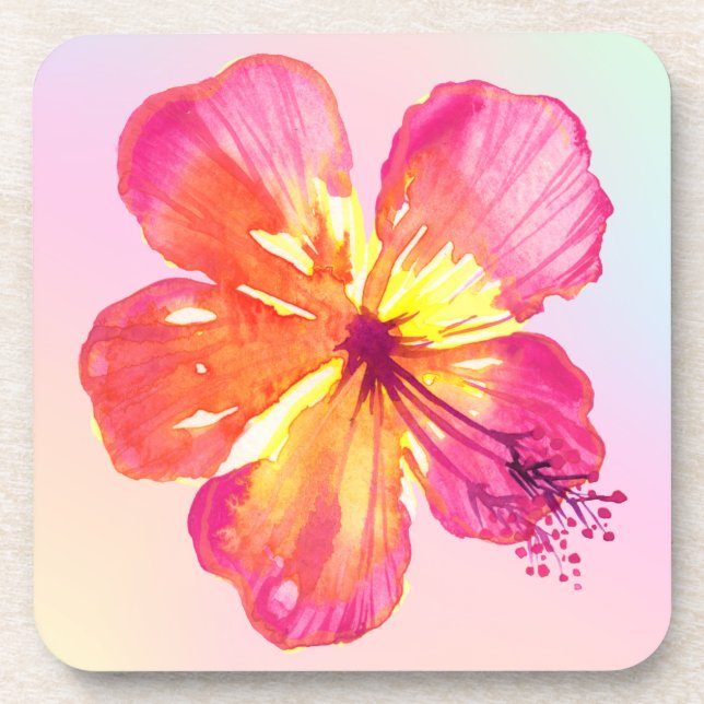 Tropical Hibiscus on Pink Yellow Aqua Ombre Floral Beverage Coaster (Front)