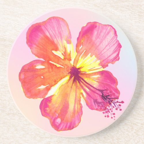 Tropical Hibiscus on Pink Yellow Aqua Ombre Floral Coaster