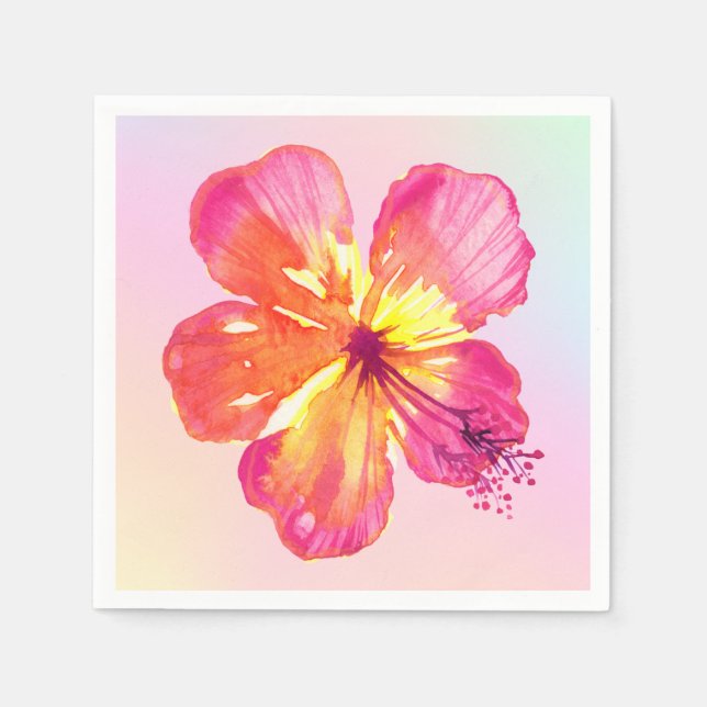 Tropical Hibiscus on Pink Yellow Aqua Ombre Floral Napkins (Front)