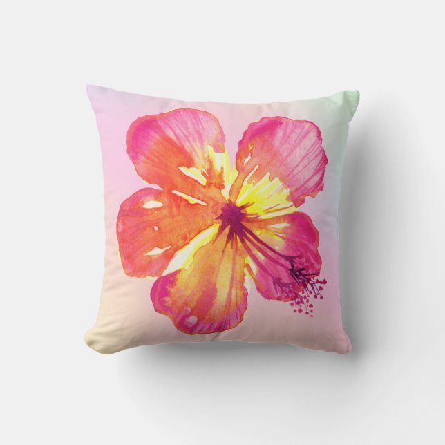 Tropical Hibiscus on Pink Yellow Aqua Ombre Floral Throw Pillow (Front)